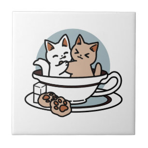 Tid för tea-tid - Cute Cat och Tea Design Kakelplatta