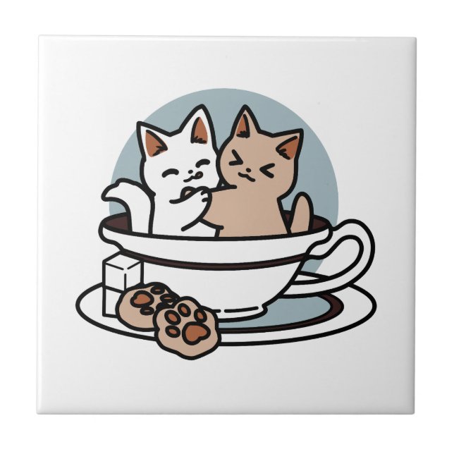 Tid för tea-tid - Cute Cat och Tea Design Kakelplatta (Framsidan)