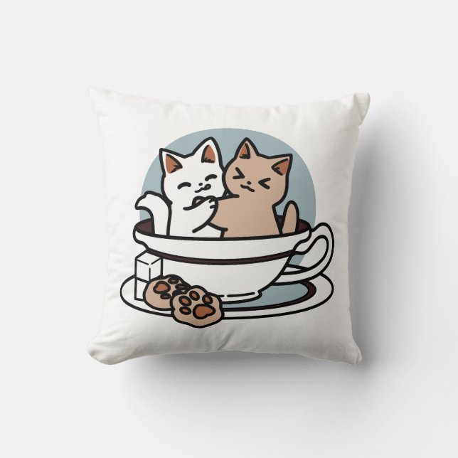 Tid för tea-tid - Cute Cat och Tea Design Kudde (Framsida)