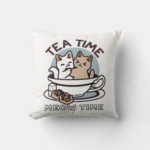 Tid för tea-tid - Cute Cat och Tea Design Kudde