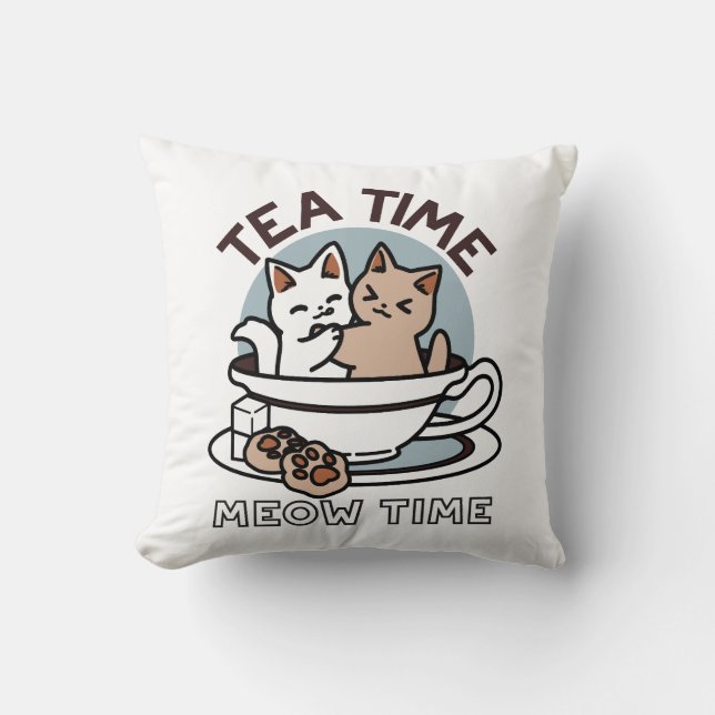 Tid för tea-tid - Cute Cat och Tea Design Kudde (Framsida)