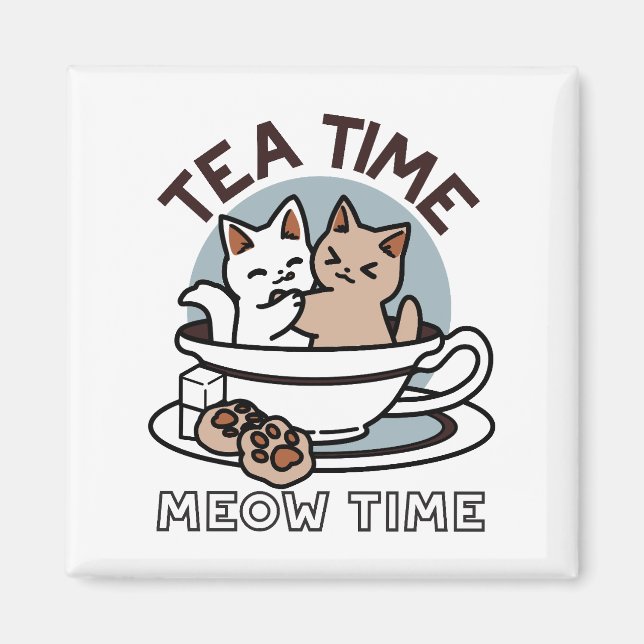 Tid för tea-tid - Cute Cat och Tea Design Magnet (Framsidan)