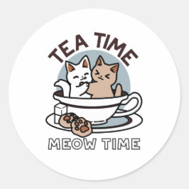 Tid för tea-tid - Cute Cat och Tea Design Runt Klistermärke