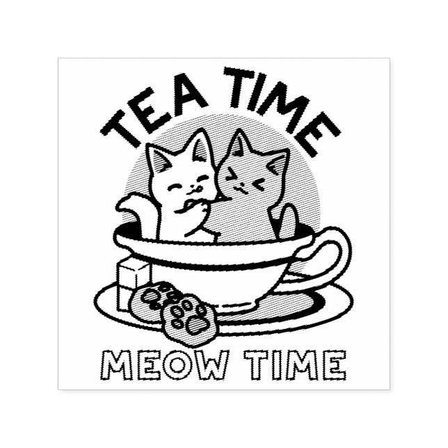 Tid för tea-tid - Cute Cat och Tea Design Självfärgande Stämpel (Design)