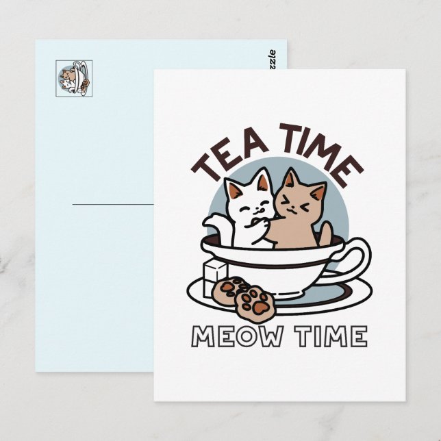 Tid för tea-tid - Cute Cat och Tea Design Vykort (Fram/baksida)