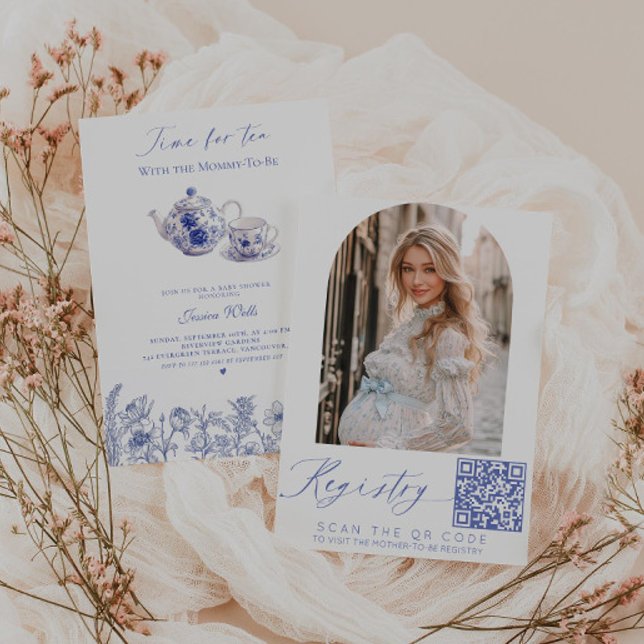 Tid för Tea Toile Photo QR-kod Babydusch Inbjudningar (Skapare uppladdad)