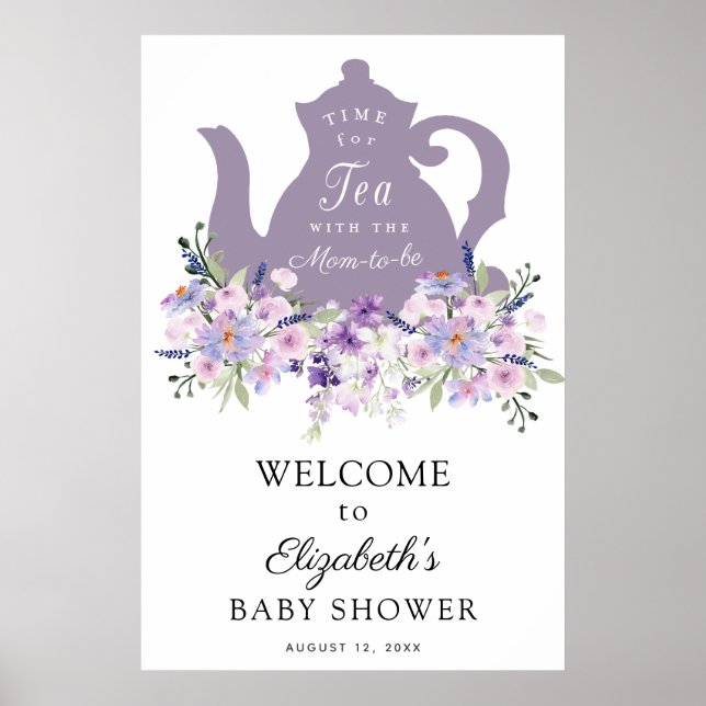 Tid för välkomstskylt för tea Lila Baby Shower Poster (Framsidan)
