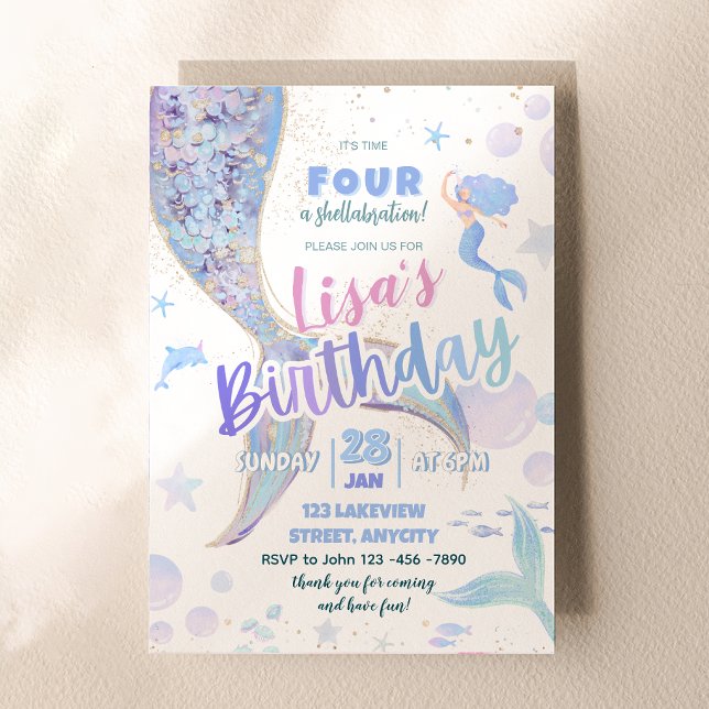 Tid Fyra En Shellabration Siren 4-års Födelsedags  Inbjudningar (Time FOUR A Shellabration Mermaid 4th Birthday Gir Invitation)