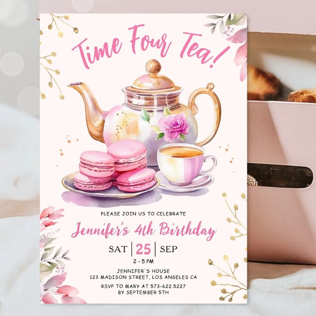 Tid fyra tea! Girl Rosa 4e födelsedagen Tea Party Inbjudningar (Skapare uppladdad)