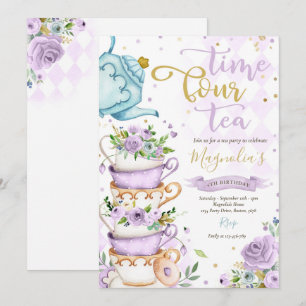 Tid fyra tea Lila Blommigt 4e födelsedagen ParTEA Inbjudningar