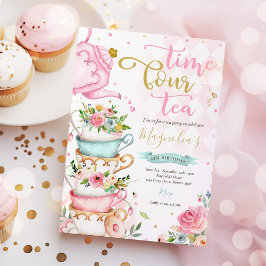 Tid fyra Tea Rosa Blommigt 4e födelsedagen Tea Par Inbjudningar