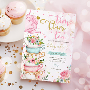 Tid fyra Tea Rosa Blommigt 4e födelsedagen Tea Par Inbjudningar