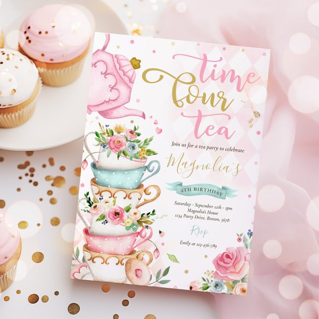 Tid fyra Tea Rosa Blommigt 4e födelsedagen Tea Par Inbjudningar (Skapare uppladdad)
