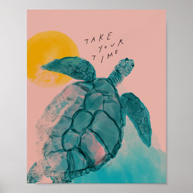Tid - Havssköldpadda, rosa, grönt Poster (Framsidan)