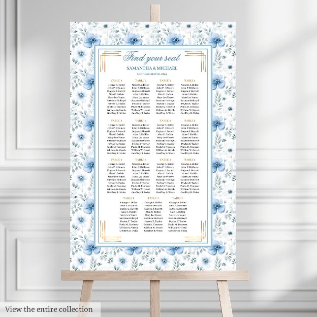 Tid - ljusblå sittdiagram för Watercolor Light Blu Poster (Timeless Watercolor Light Blue Gold Seating Chart)