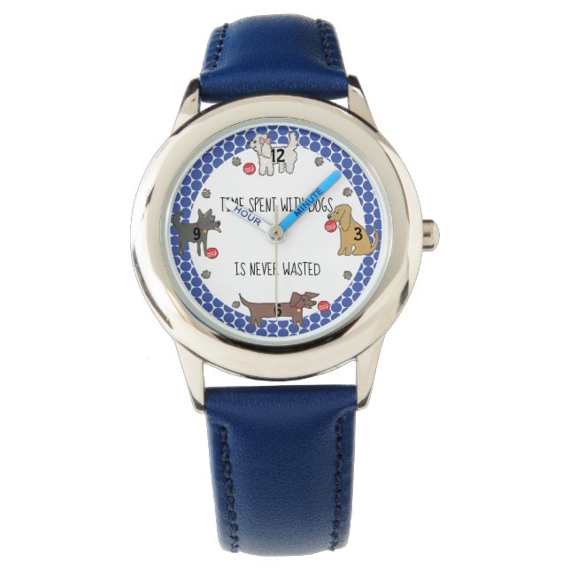 Tid med Hundar Slösat aldrig Hund älskare Kids Blu Armbandsur (Framsida)