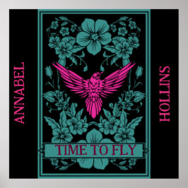 TID TILL FLY - Exotisk rosa bird/dusky blåa blommo Poster