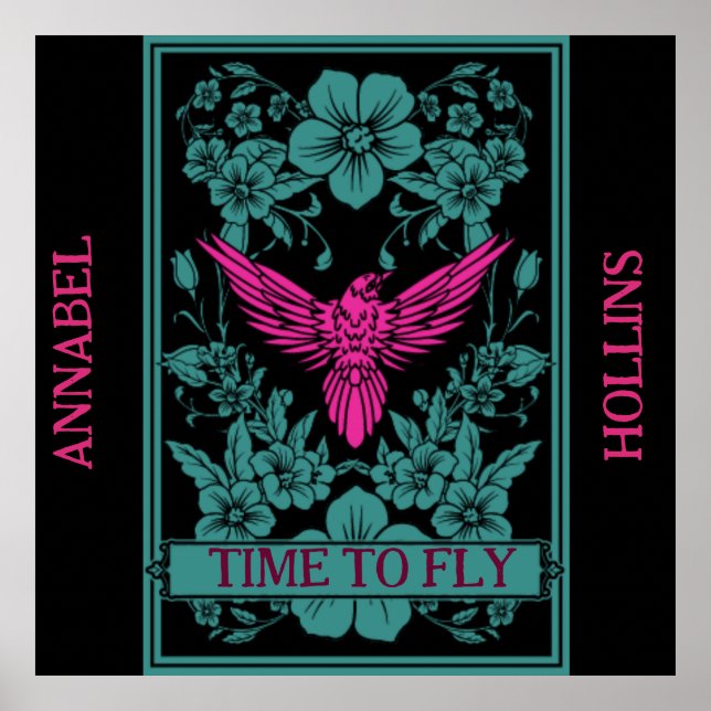 TID TILL FLY - Exotisk rosa bird/dusky blåa blommo Poster (Framsidan)