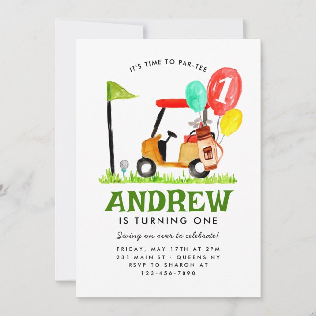 Tid till Golf Cart Balloon Golf Birthday-garanti Inbjudningar (Framsida)