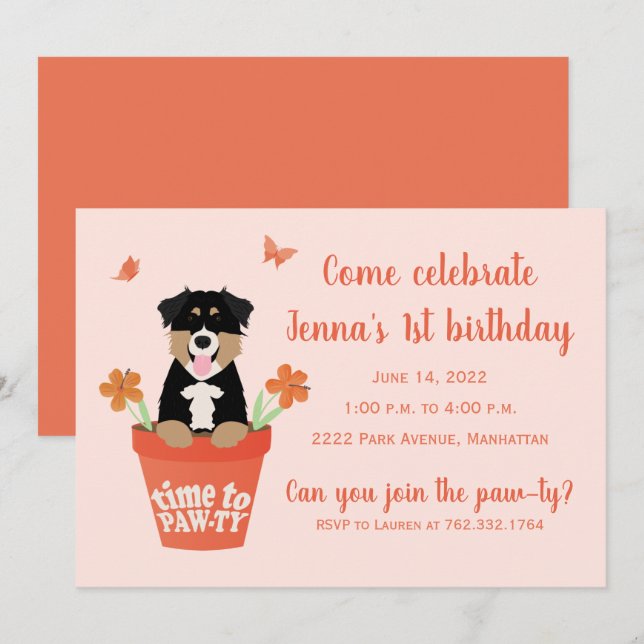 Tid till Pawty Australian shepherd Hundar Inbjudningar (Fram/baksida)