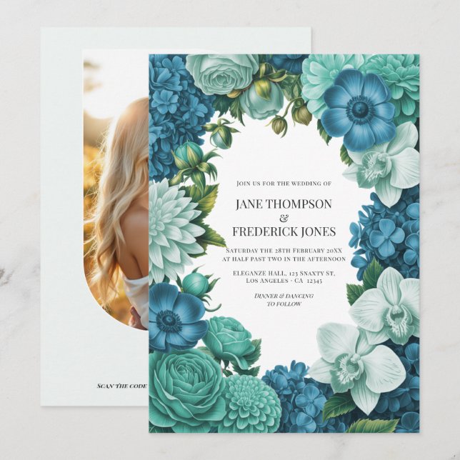 Tidal Blue, Seafoam Drift & Cloud Mint Bröllop Inbjudningar (Fram/baksida)