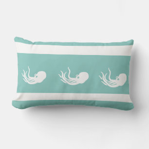 Tidal Teal octopus / bläckfisk på vit PILLOW Lumbarkudde