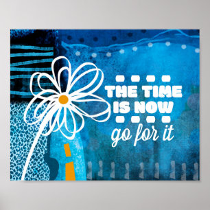 Tiden Är Nu Abstrakt Konst Blomma På Blå Poster