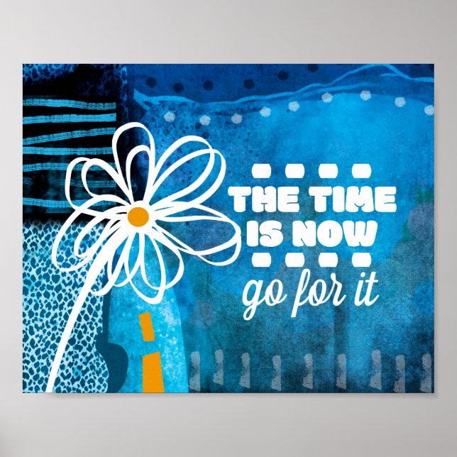 Tiden Är Nu Abstrakt Konst Blomma På Blå  Poster (Framsidan)