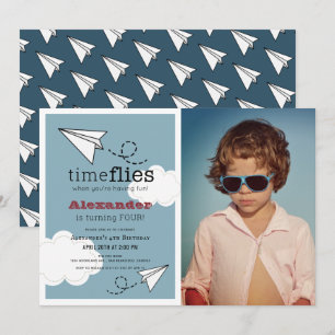 Tiden flyger Pappra Flygplan Blue Boy Photo Birthd Inbjudningar