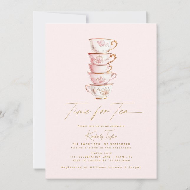 Tiden för Tea Pink Chinoiserie Bröllopsfest Inbjudningar (Framsida)