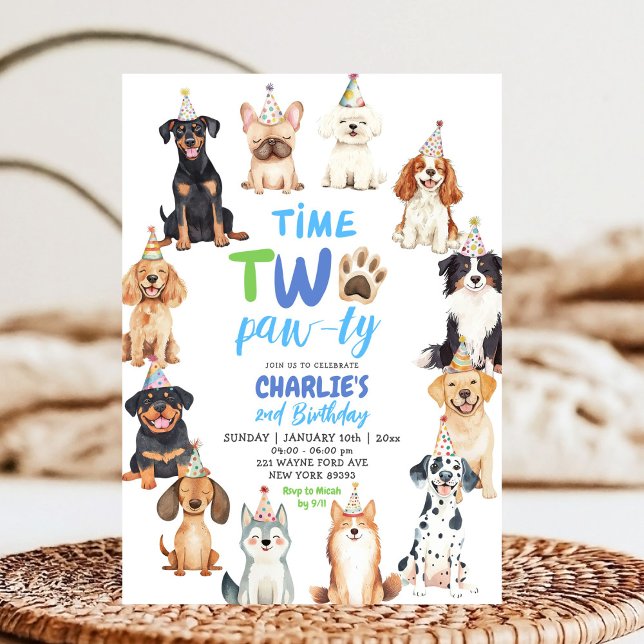 Tiden Två Pawty Hundälskare Barn Andra Födelsedag Inbjudningar (Skapare uppladdad)