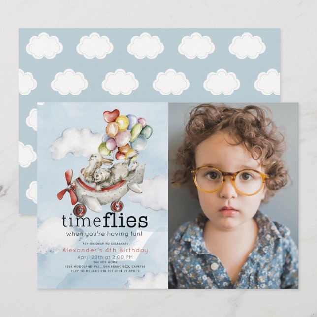 Tidflygplanet Bear Bunny Birthday Photo Inbjudningar (Fram/baksida)