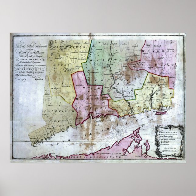 Tidigare 1766 Connecticut Karta Poster (Framsidan)