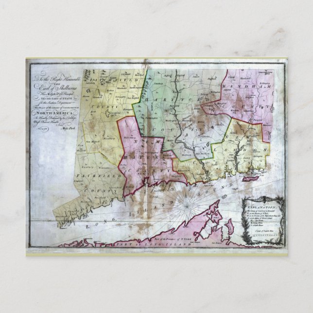 Tidigare 1766 Connecticut Karta Vykort (Framsida)