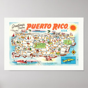 Tidigare Illustrerad Puerto Rico Karta-utskrift Poster