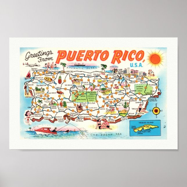 Tidigare Illustrerad Puerto Rico Karta-utskrift Poster (Framsidan)