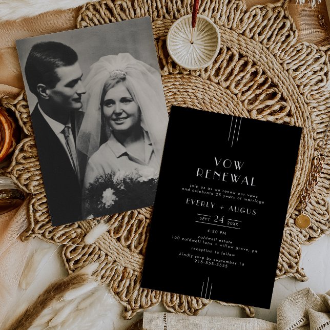 Tidigare modern Art Deco Black Photo Vow Renewal Inbjudningar (EVERLY Modern Art Deco Black Photo Vow Renewal Invitation)