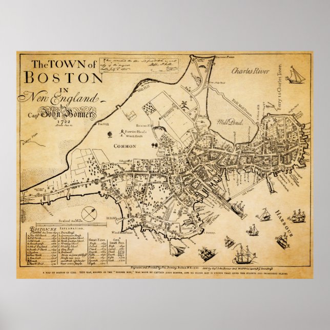Tidigaste kända Karta i Boston 1722 Poster (Framsidan)