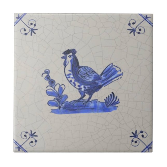 Tidigt Blue Delft Handmålad Hen Antique Repro  Kakelplatta (Framsidan)