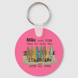 Tidigt Man Surfing Humor med längdbrädor Nyckelring