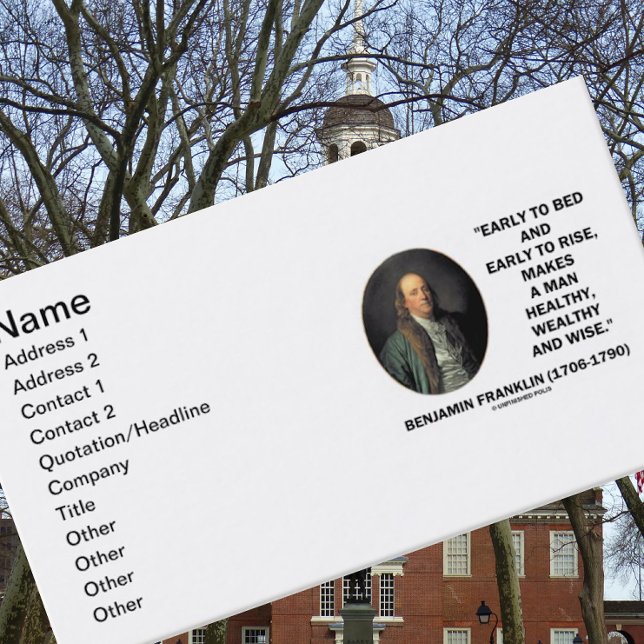 Tidigt som bäddar ned tidigt för att stiga visitkort (Business card featuring Benjamin Franklin's timeless quote for any early bird person)