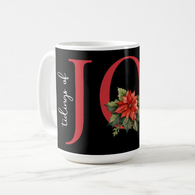 TIDINGARNA AV JOY RED CHRISTMAS POINSETTIA PÅ BLAC KAFFEMUGG (Framsida vänster)