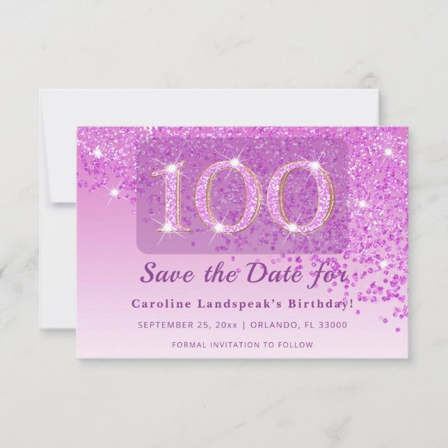 Tidlös 100-årsdag Rosa Glitter Frostad Spara Datumet (Framsida)