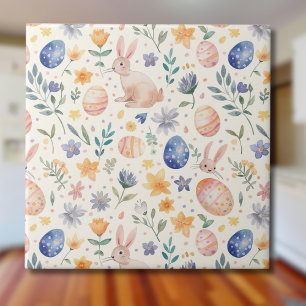Tidlös akvarell Pastell Kanin Blommor Ägg Kakelplatta