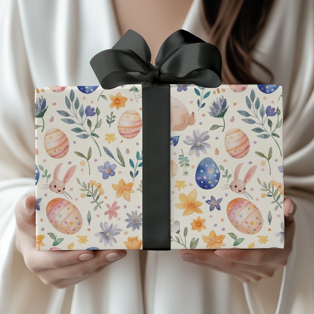 Tidlös akvarell Pastell Kanin Blommor Ägg Presentpapper (Skapare uppladdad)