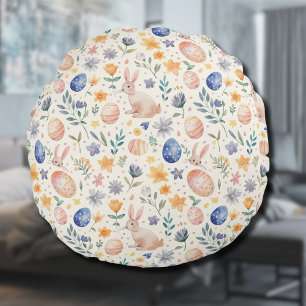 Tidlös akvarell Pastell Kanin Blommor Ägg Rund Kudde