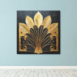 Tidlös Art Deco Guld Fjäder Fläkt på Falsk Textur Canvastryck