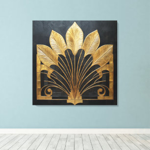 Tidlös Art Deco Guld Fjäder Fläkt på Falsk Textur Canvastryck