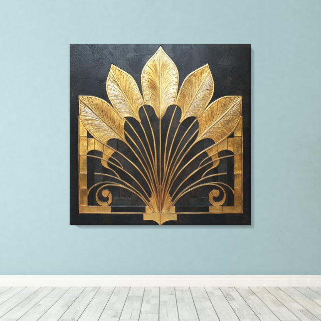 Tidlös Art Deco Guld Fjäder Fläkt på Falsk Textur Canvastryck (Insitu (trägolv))
