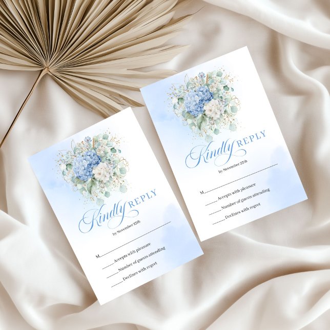 Tidlös Blå Blommig Guld Bröllops RSVP Bilaga OSA Kort (Timeless Blue Floral Gold Wedding RSVP Enclosure)